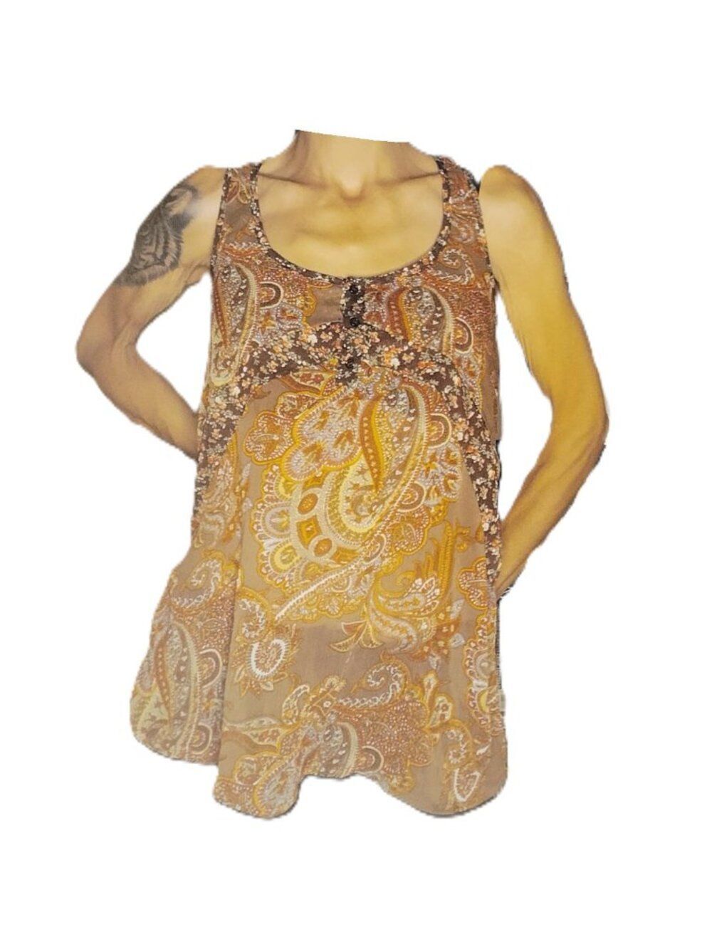 Brown Multi-Color Paisley Boho Flowy Racerback Tank Size M | Button Detail